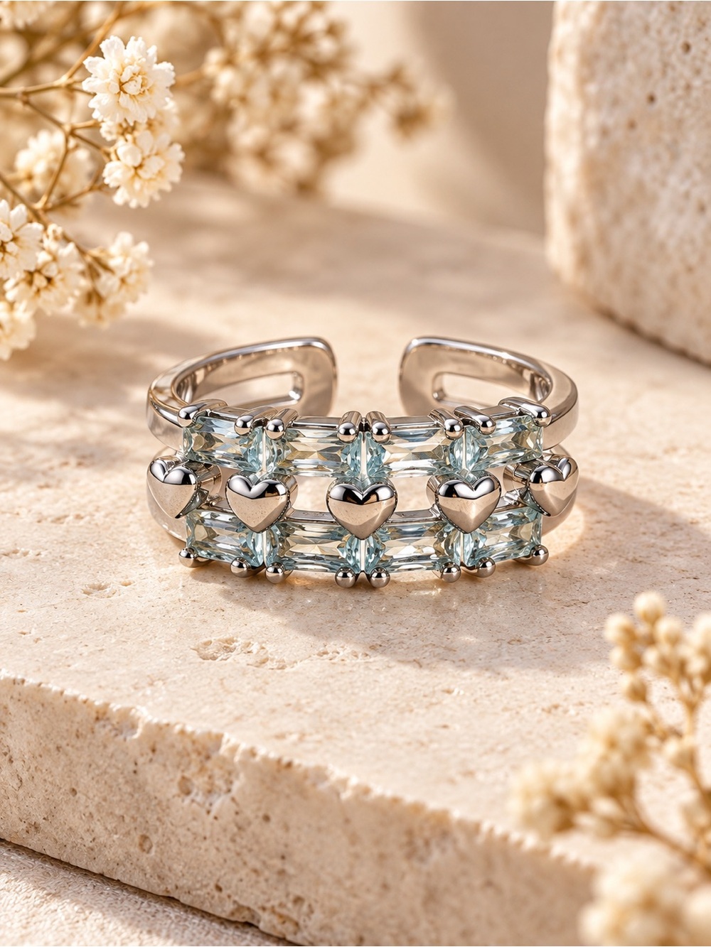 Silver Tone Aqua Crystal Heart Open Adjustable Statement Ring